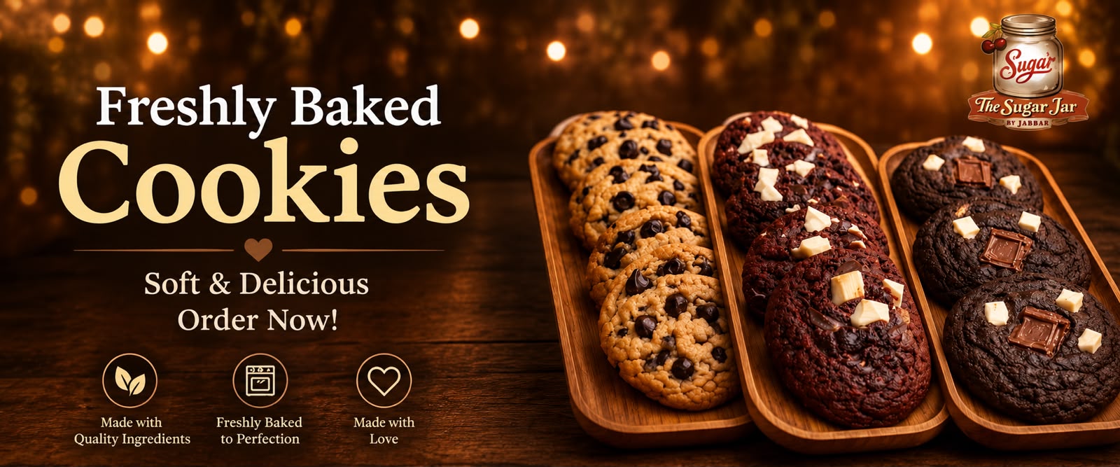 Freshly baked cookies — chocolate chip, red velvet and double chocolate on wooden trays. The Sugar Jar.